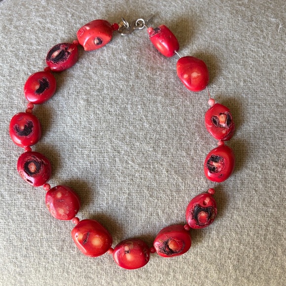 Jewelry - Handmade Red Beaded Necklace - Bold Red Statement coral